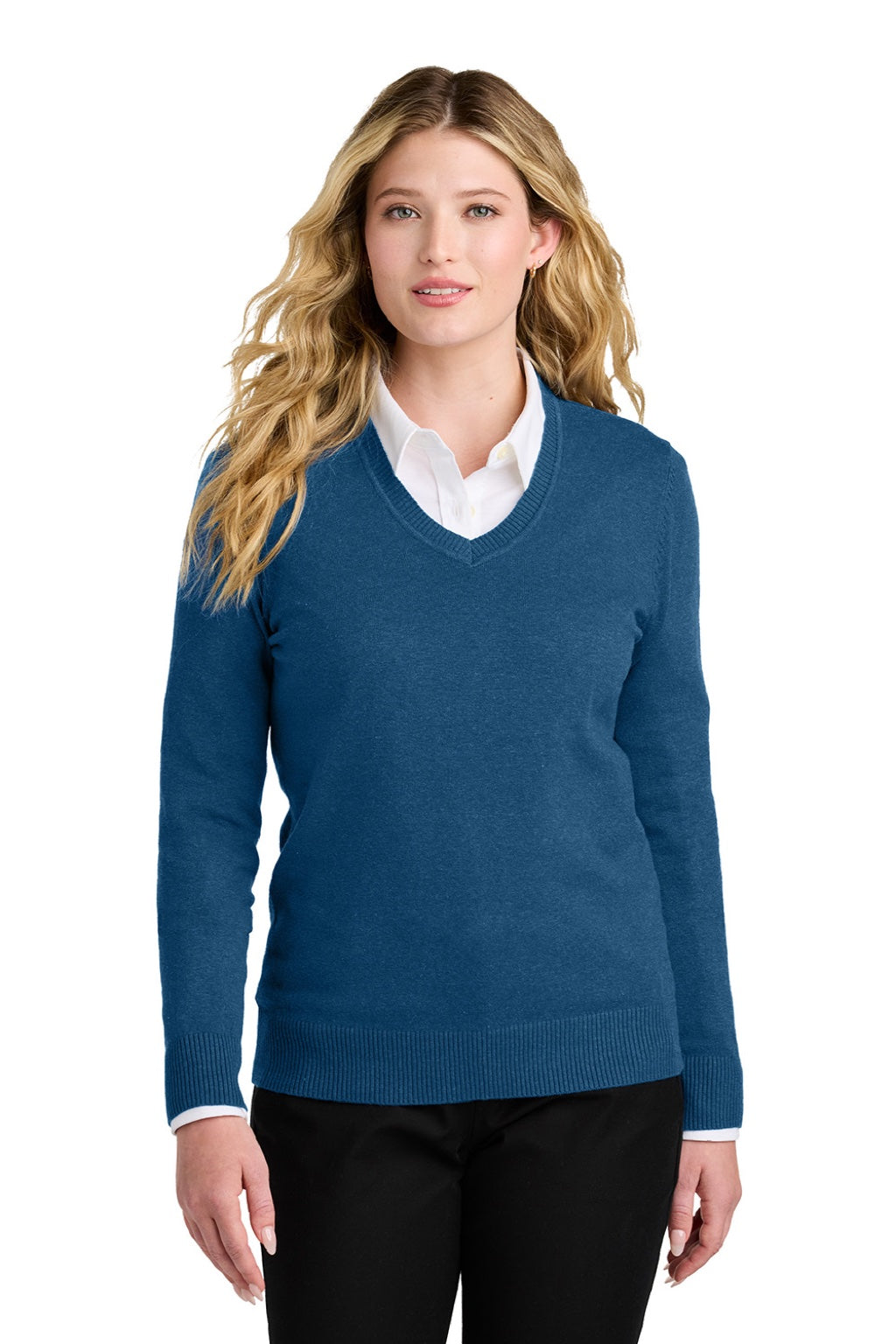 Port Authority LSW2850 Womens Easy Care Long Sleeve V-Neck Sweater Heather Aegean Blue Model Front