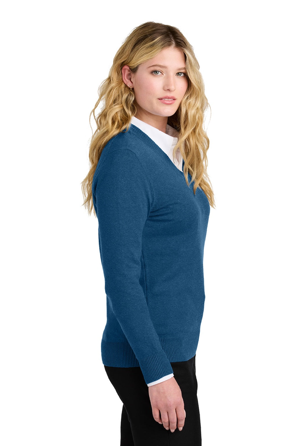 Port Authority LSW2850 Womens Easy Care Long Sleeve V-Neck Sweater Heather Aegean Blue Model Side