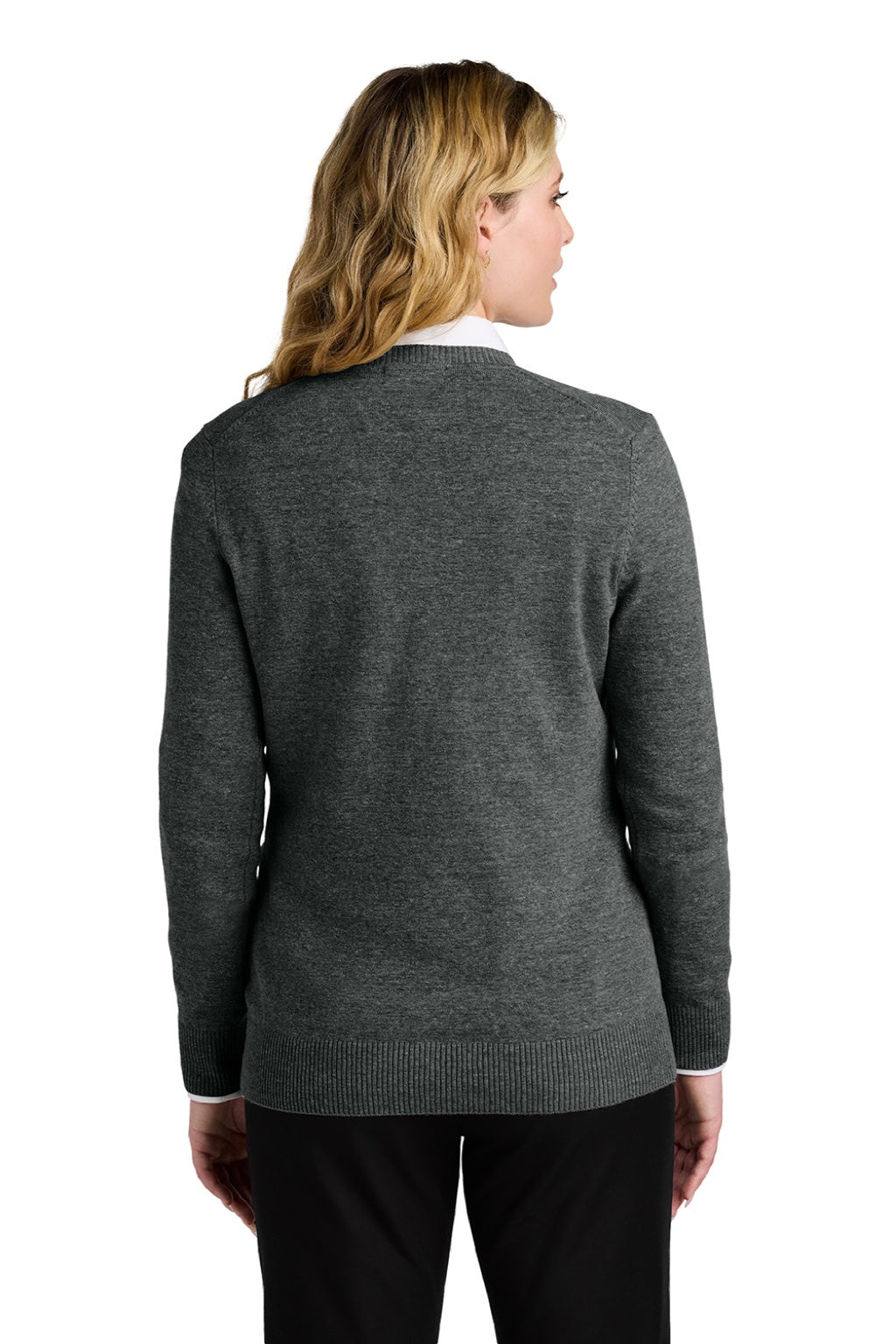 Port Authority LSW2850 Womens Easy Care Long Sleeve V-Neck Sweater Heather Charcoal Grey Model Back