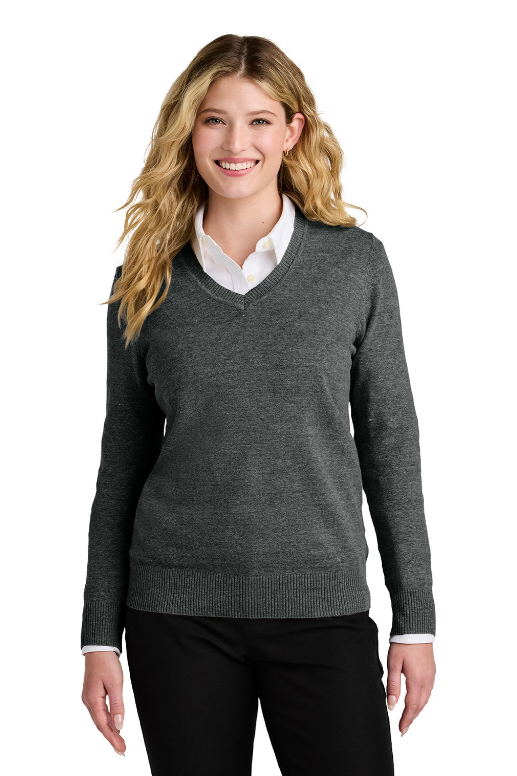 Port Authority LSW2850 Womens Easy Care Long Sleeve V-Neck Sweater Heather Charcoal Grey Model Front