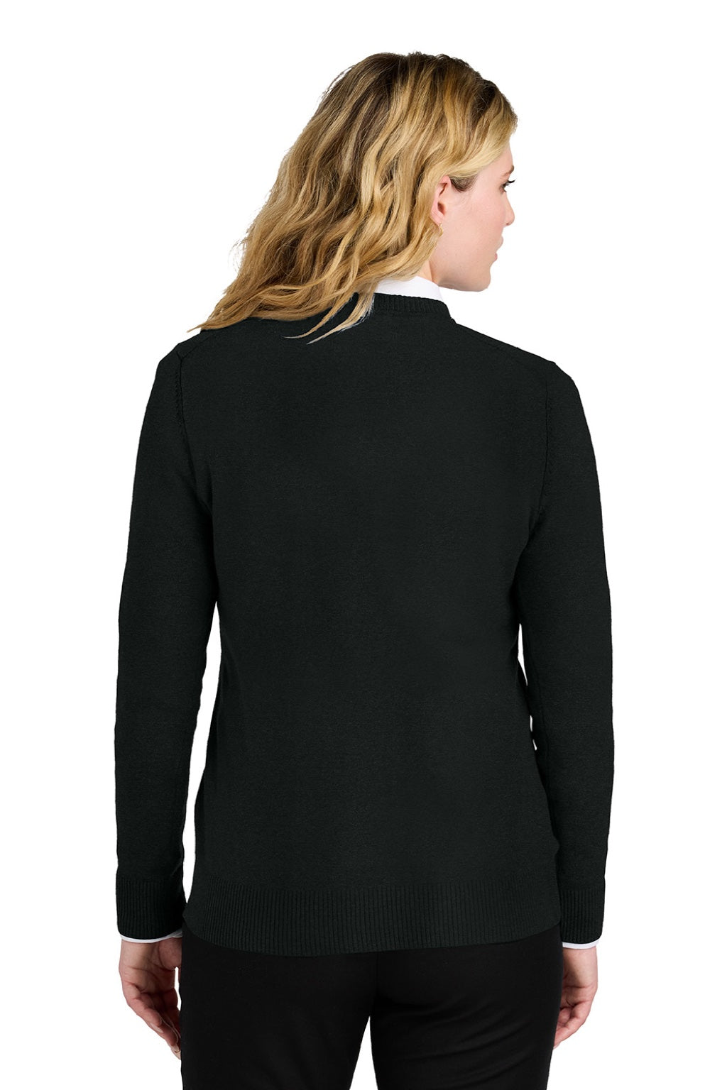 Port Authority LSW2850 Womens Easy Care Long Sleeve V-Neck Sweater Deep Black Model Back