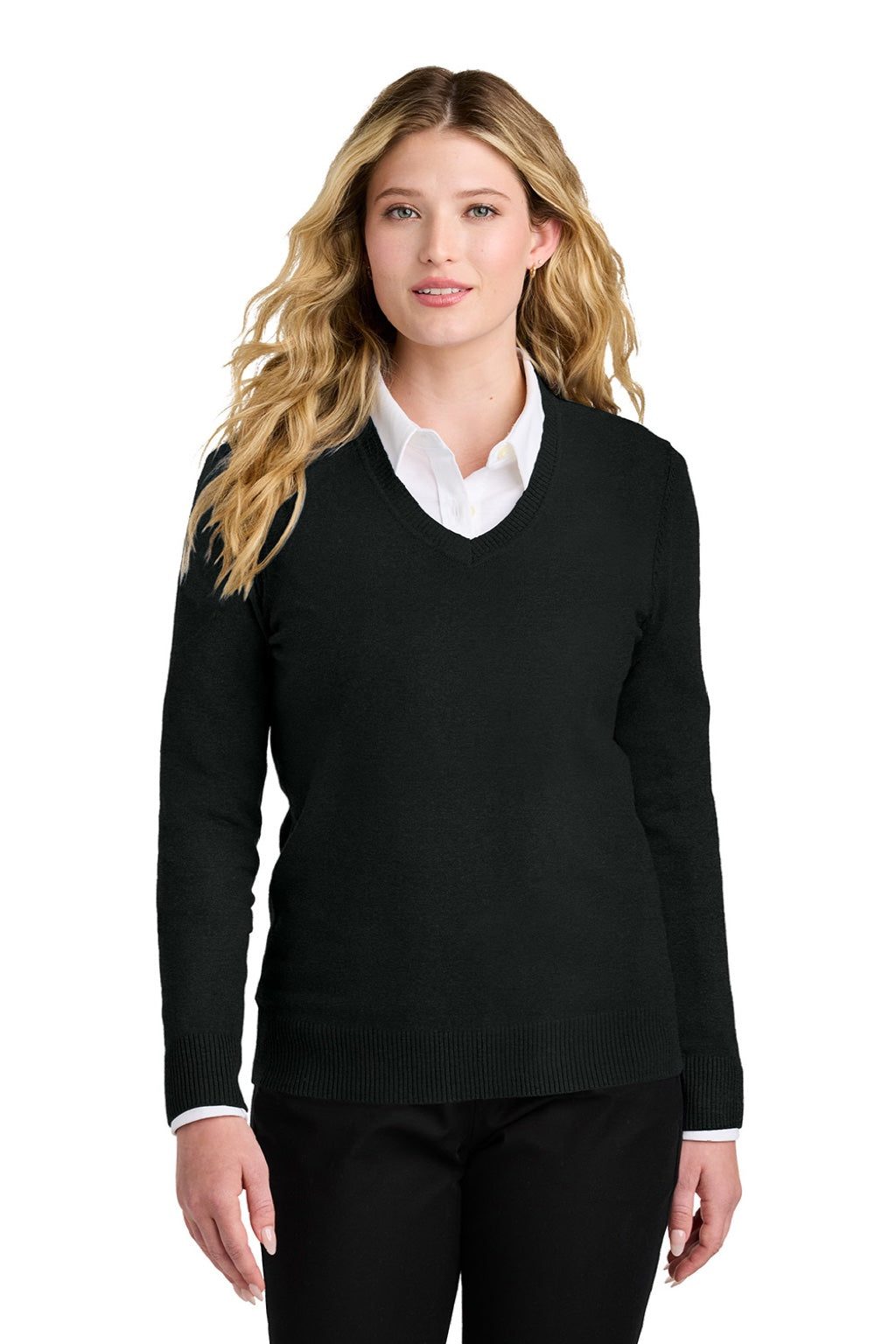 Port Authority LSW2850 Womens Easy Care Long Sleeve V-Neck Sweater Deep Black Model Front
