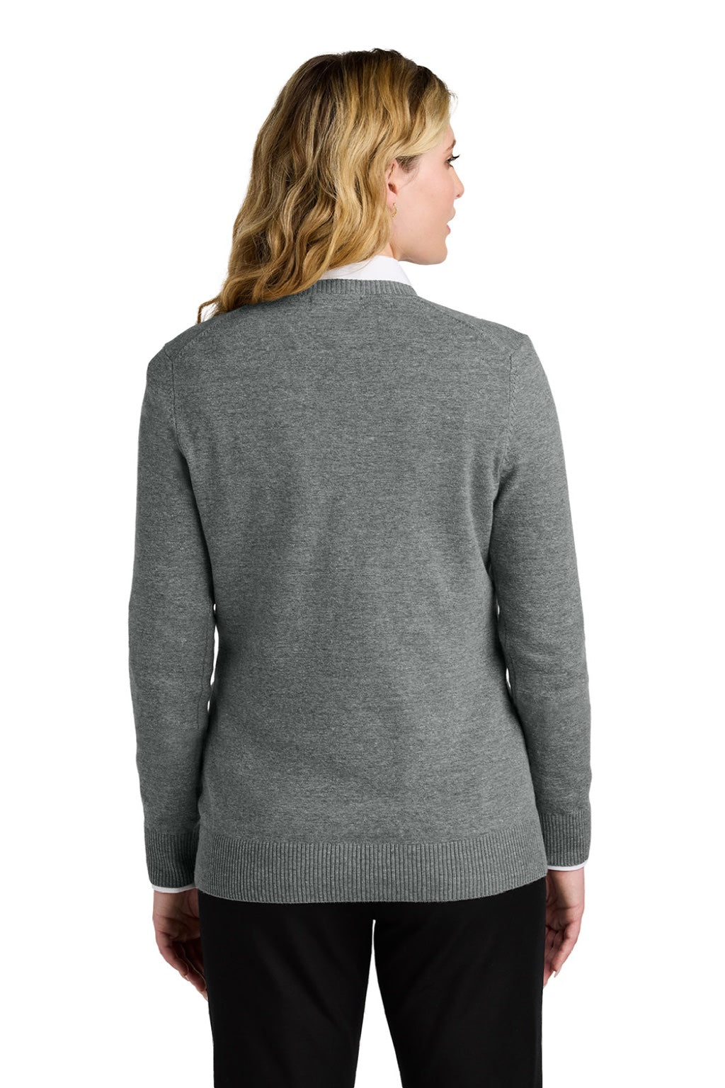 Port Authority LSW2850 Womens Easy Care Long Sleeve V-Neck Sweater Heather Medium Grey Model Back