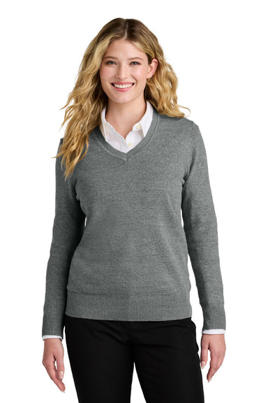 Port Authority LSW2850 Womens Easy Care Long Sleeve V-Neck Sweater Heather Medium Grey Model Front
