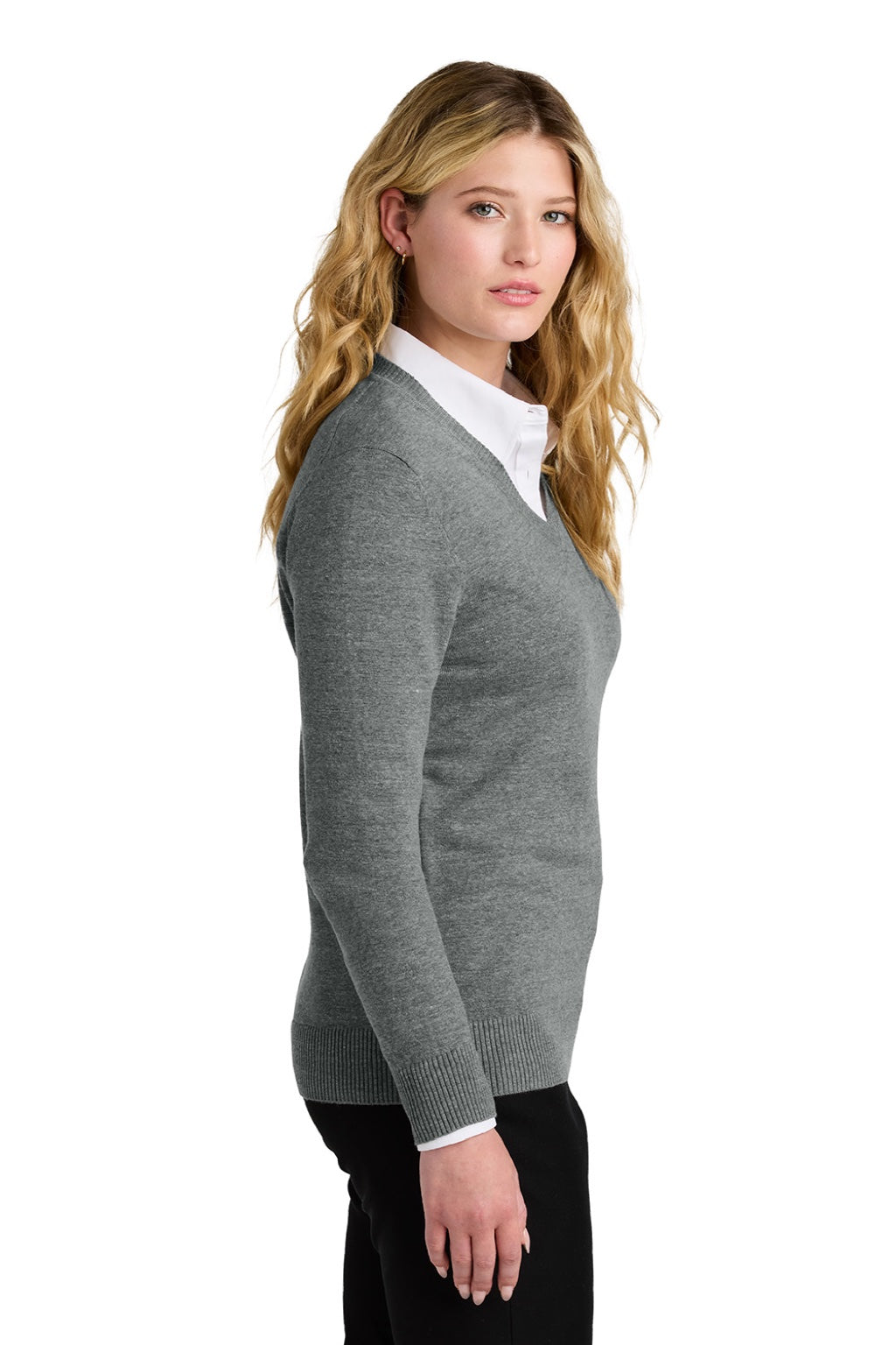 Port Authority LSW2850 Womens Easy Care Long Sleeve V-Neck Sweater Heather Medium Grey Model Side