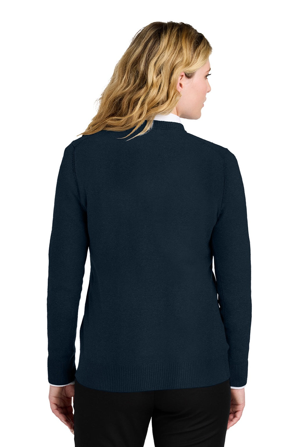 Port Authority LSW2850 Womens Easy Care Long Sleeve V-Neck Sweater River Navy Blue Model Back