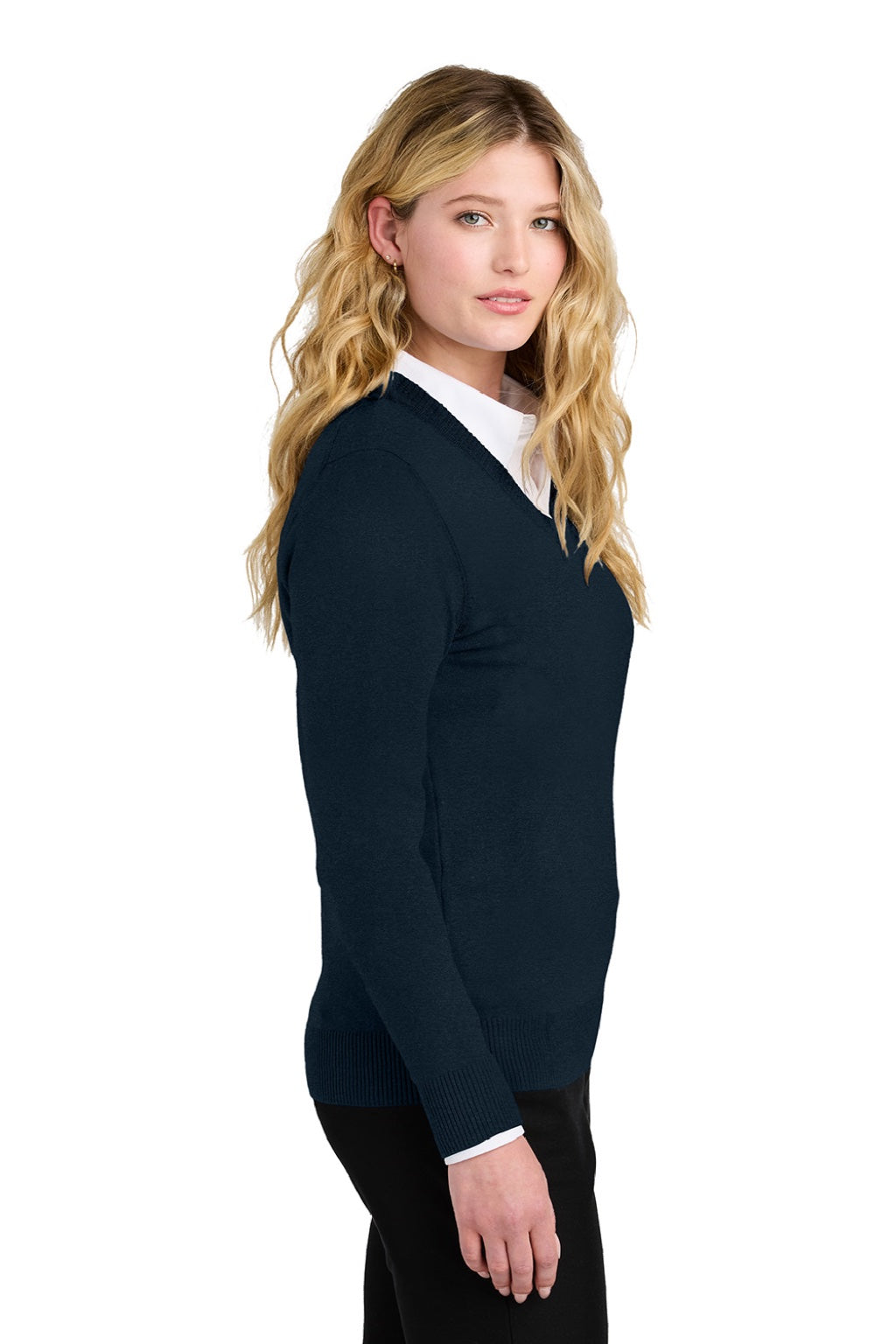 Port Authority LSW2850 Womens Easy Care Long Sleeve V-Neck Sweater River Navy Blue Model Side