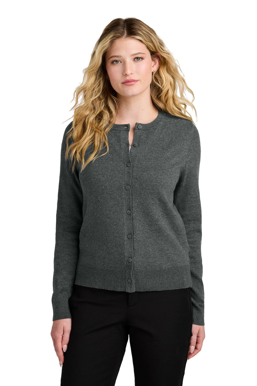 Port Authority LSW2870 Womens Easy Care Long Sleeve Button Front Cardigan Sweater Heather Charcoal Grey Model Front