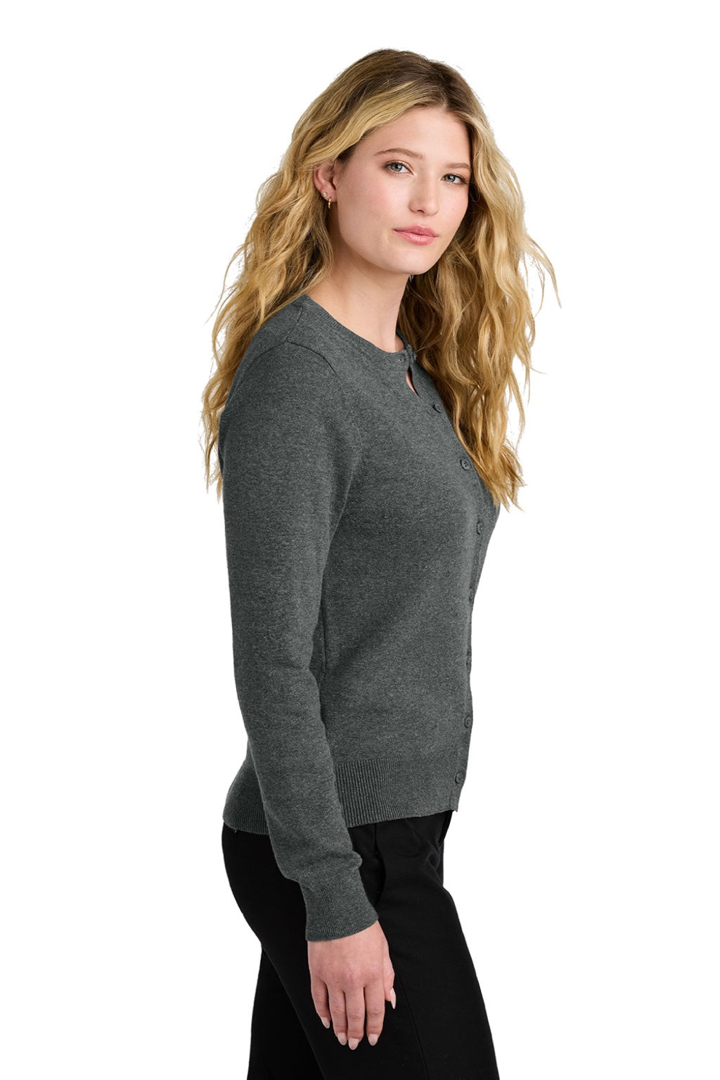 Port Authority LSW2870 Womens Easy Care Long Sleeve Button Front Cardigan Sweater Heather Charcoal Grey Model Side