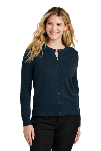 Port Authority LSW2870 Womens Easy Care Long Sleeve Button Front Cardigan Sweater River Navy Blue Model Front
