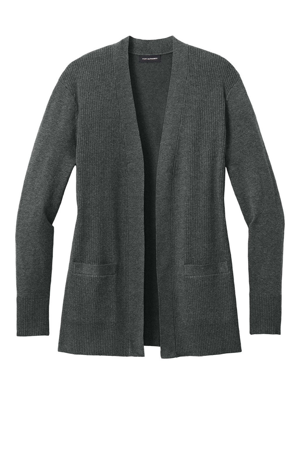 Port Authority LSW2890 Womens Easy Care Open Front Long Sleeve Cardigan Sweater w/ Pockets Heather Charcoal Grey Flat Front