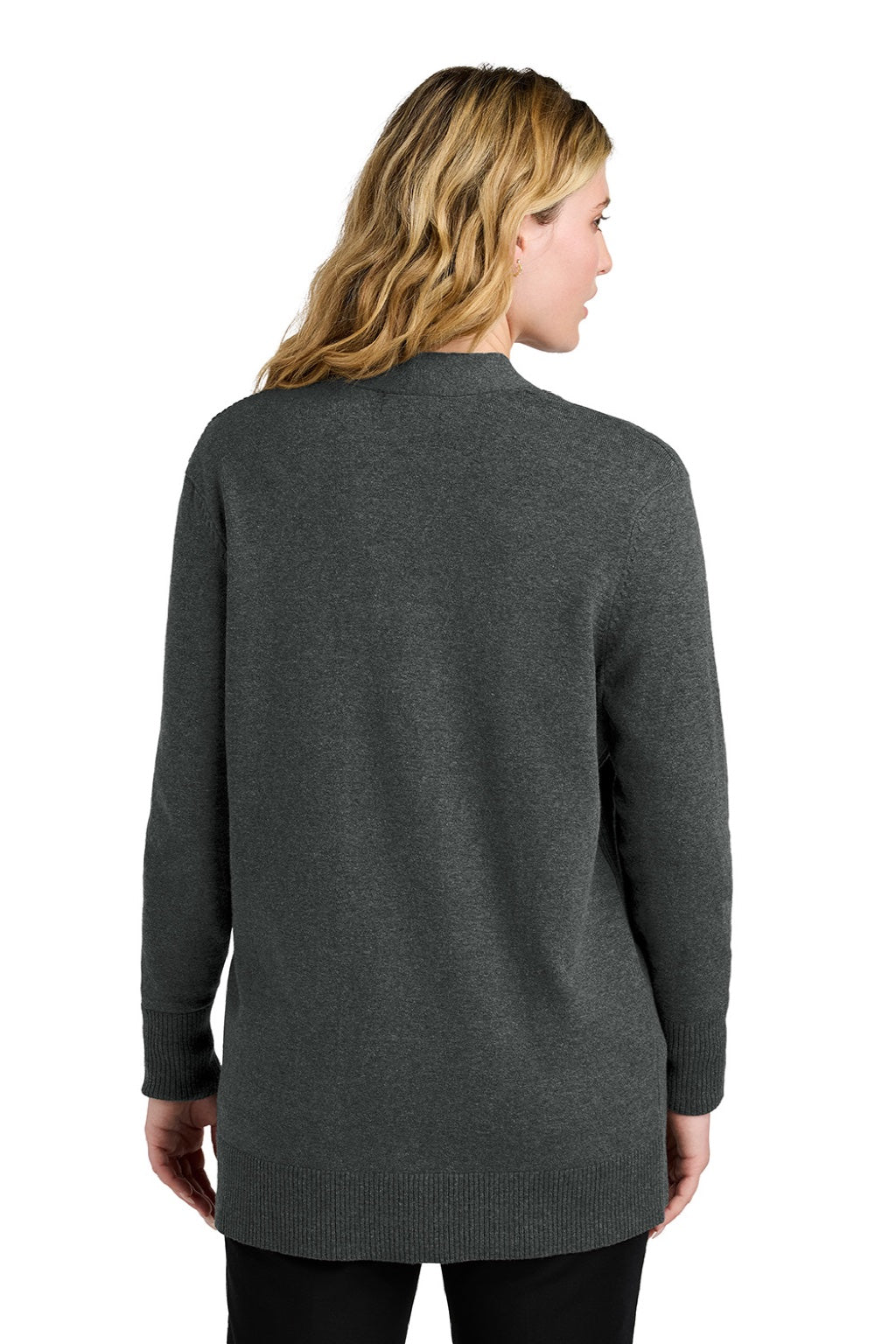 Port Authority LSW2890 Womens Easy Care Open Front Long Sleeve Cardigan Sweater w/ Pockets Heather Charcoal Grey Model Back
