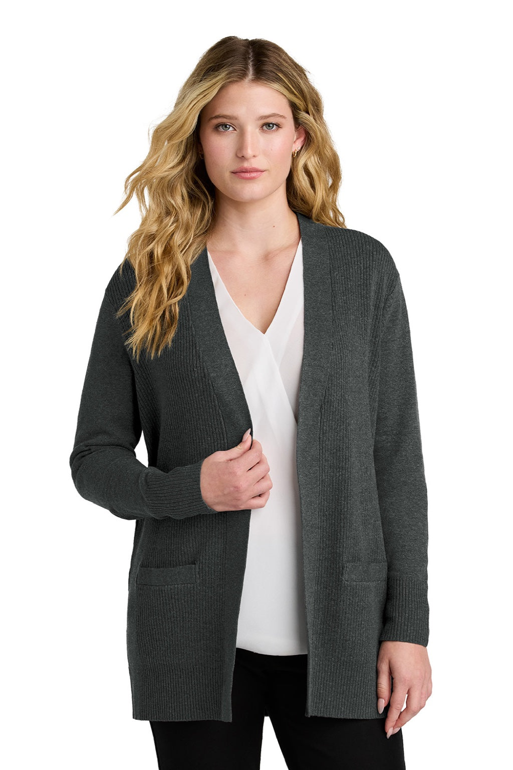 Port Authority LSW2890 Womens Easy Care Open Front Long Sleeve Cardigan Sweater w/ Pockets Heather Charcoal Grey Model Front