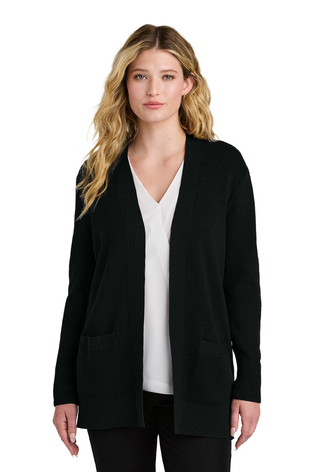 Port Authority LSW2890 Womens Easy Care Open Front Long Sleeve Cardigan Sweater w/ Pockets Deep Black Model Front