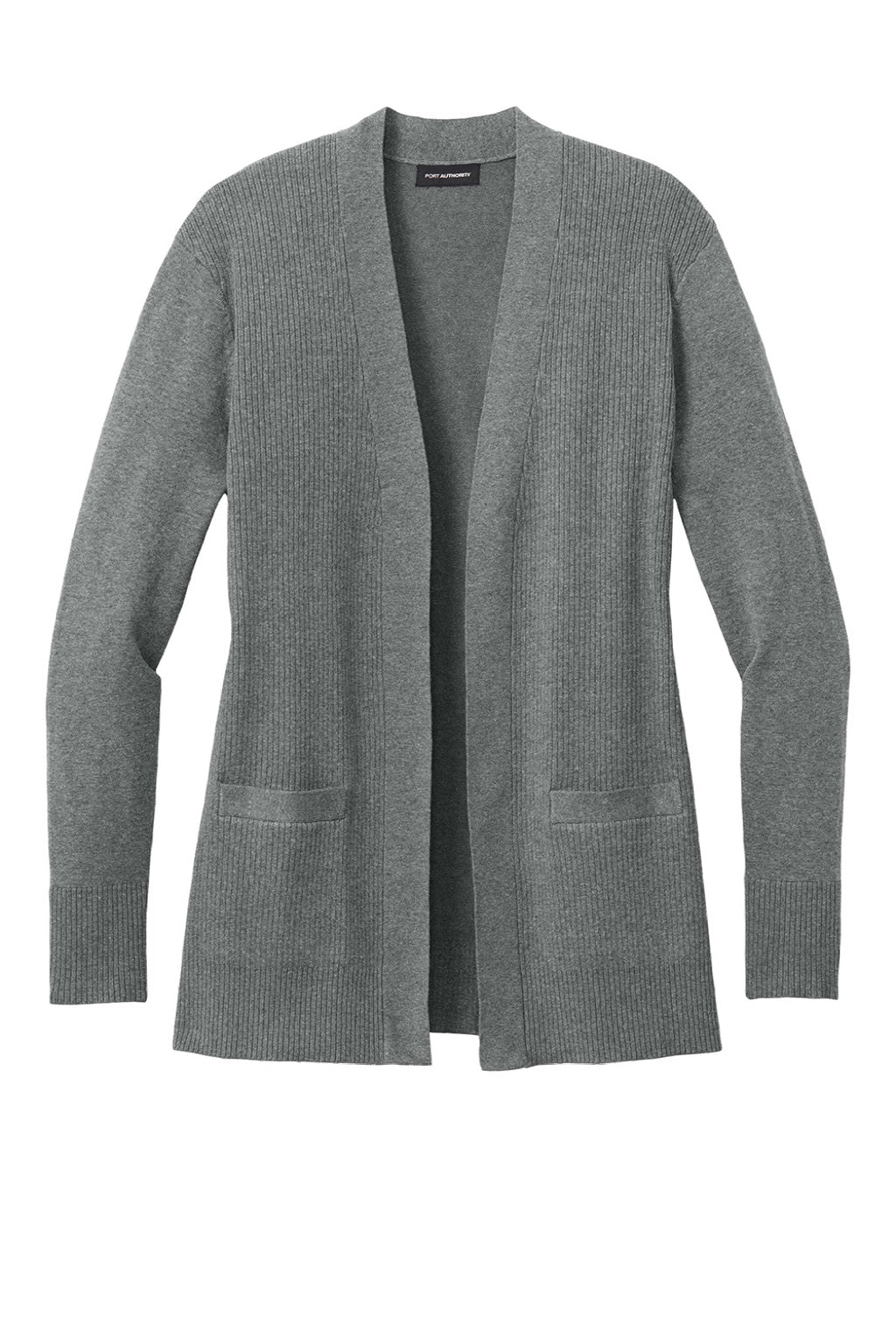 Port Authority LSW2890 Womens Easy Care Open Front Long Sleeve Cardigan Sweater w/ Pockets Heather Medium Grey Flat Front