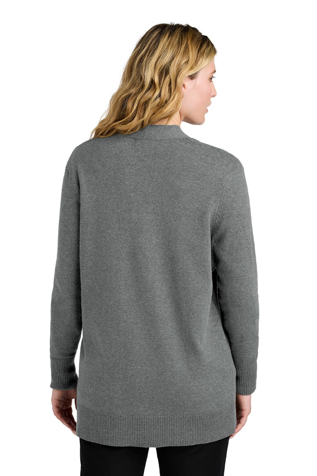 Port Authority LSW2890 Womens Easy Care Open Front Long Sleeve Cardigan Sweater w/ Pockets Heather Medium Grey Model Back