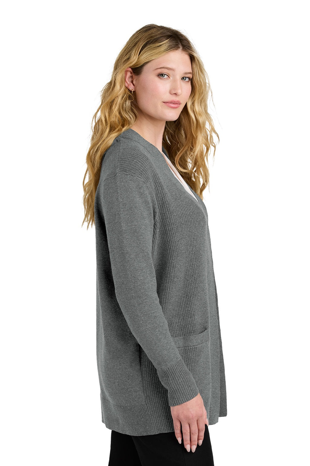 Port Authority LSW2890 Womens Easy Care Open Front Long Sleeve Cardigan Sweater w/ Pockets Heather Medium Grey Model Side