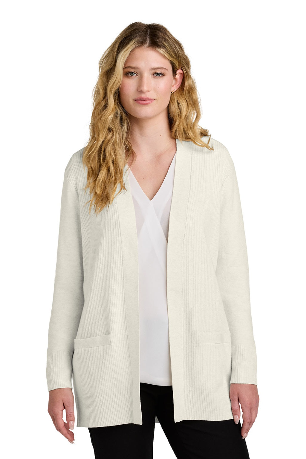 Port Authority LSW2890 Womens Easy Care Open Front Long Sleeve Cardigan Sweater w/ Pockets Heather Oatmeal Model Front