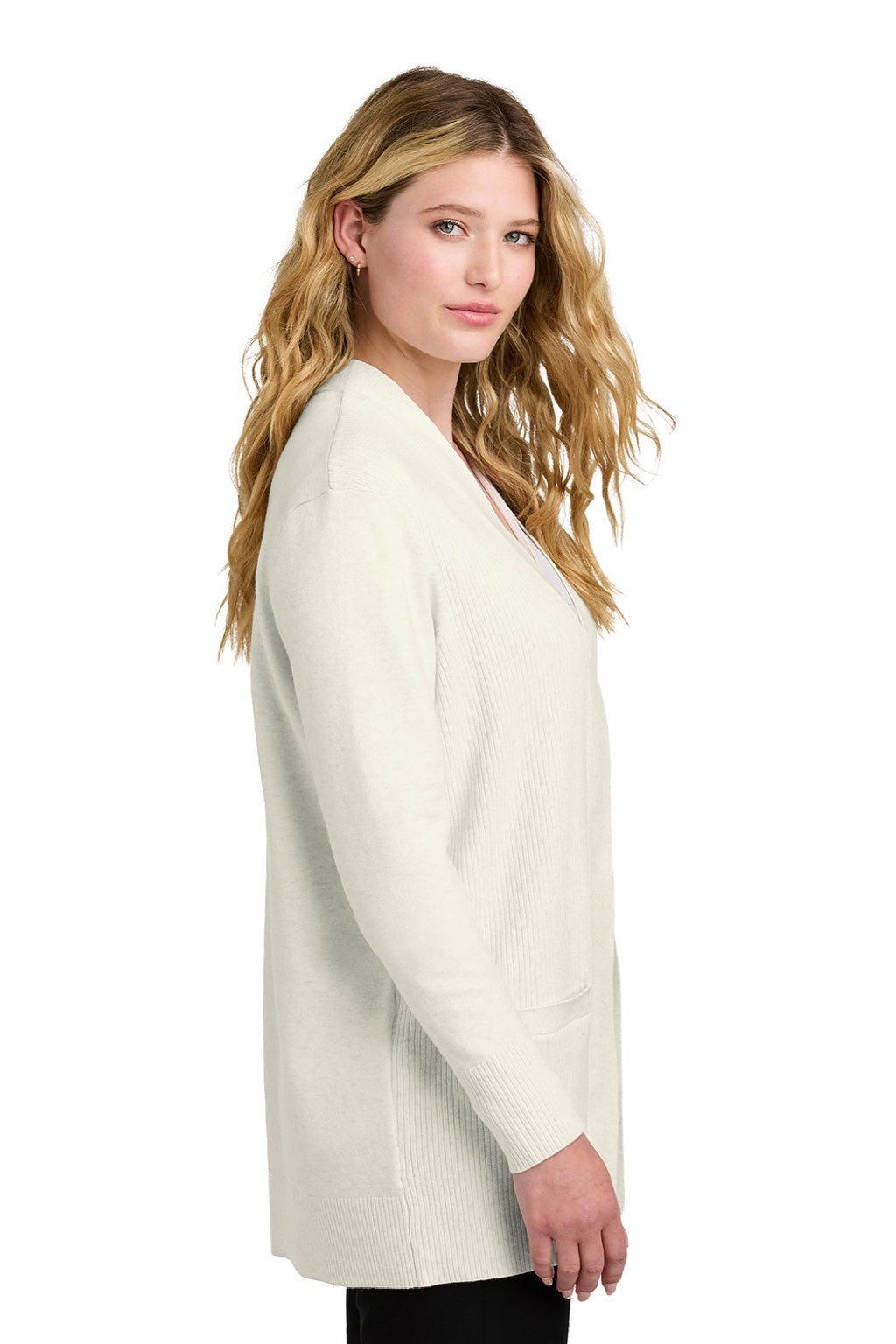Port Authority LSW2890 Womens Easy Care Open Front Long Sleeve Cardigan Sweater w/ Pockets Heather Oatmeal Model Side