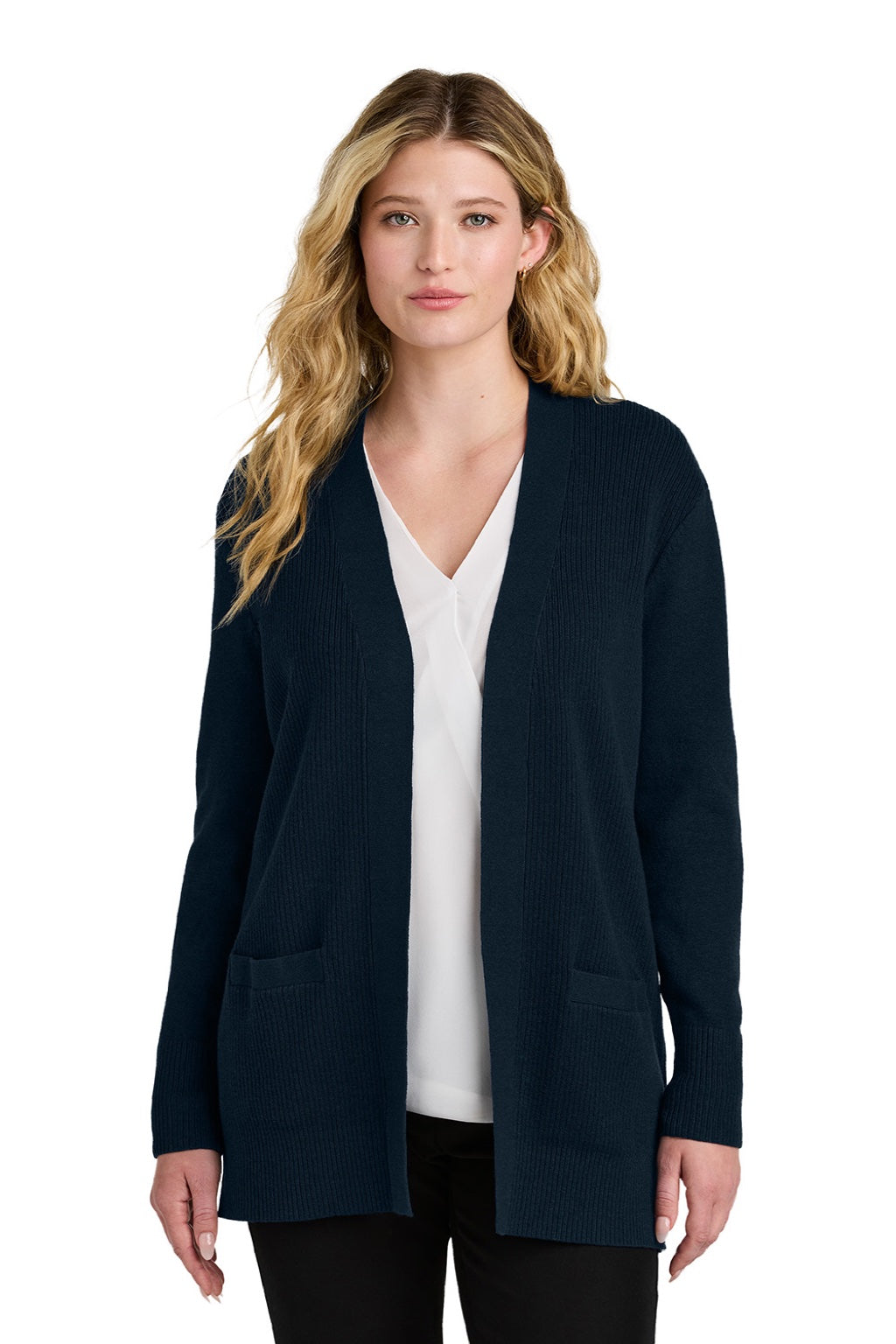 Port Authority LSW2890 Womens Easy Care Open Front Long Sleeve Cardigan Sweater w/ Pockets River Navy Blue Model Front