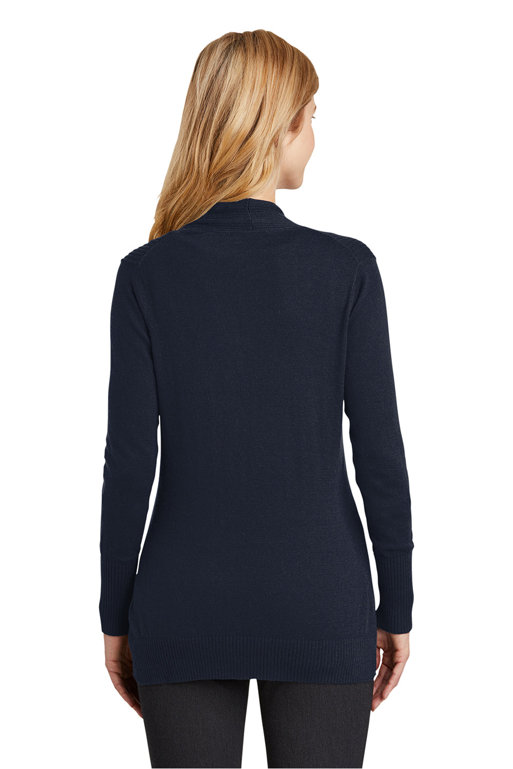 Port Authority LSW289 Womens Long Sleeve Cardigan Sweater Navy Blue Model Back