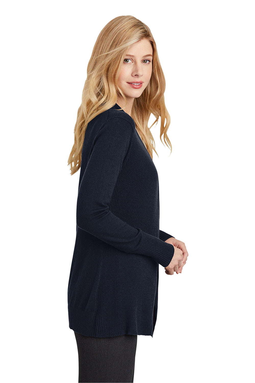 Port Authority LSW289 Womens Long Sleeve Cardigan Sweater Navy Blue Model Side