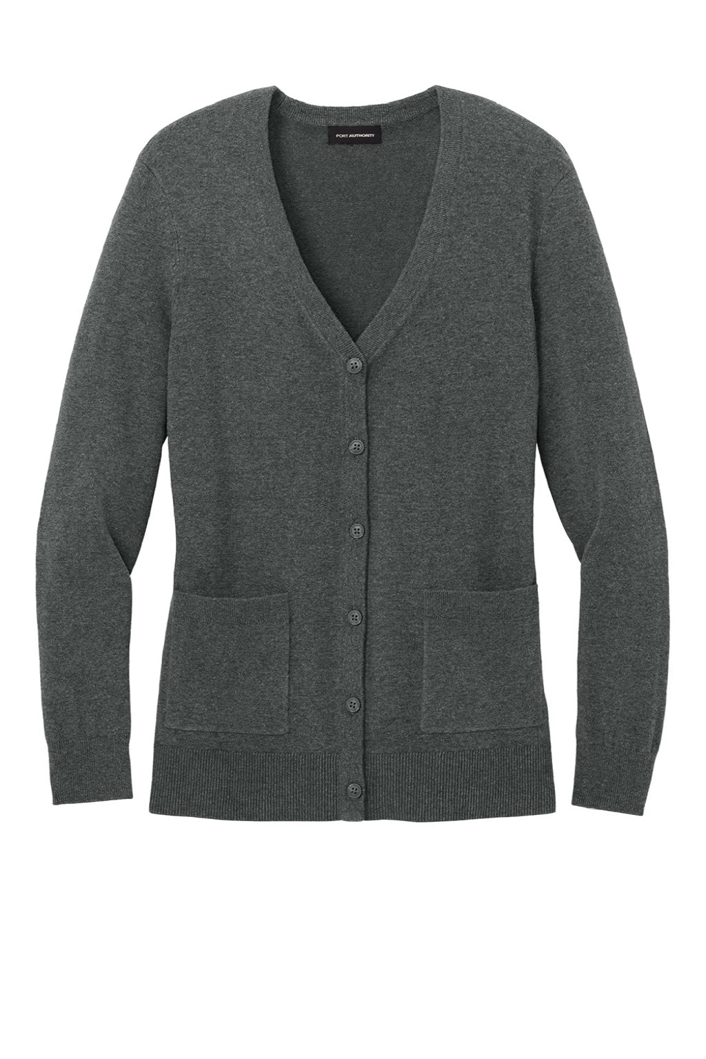 Port Authority LSW4150 Womens Easy Care Button Front Long Sleeve Cardigan Sweater w/ Pockets Heather Charcoal Grey Flat Front