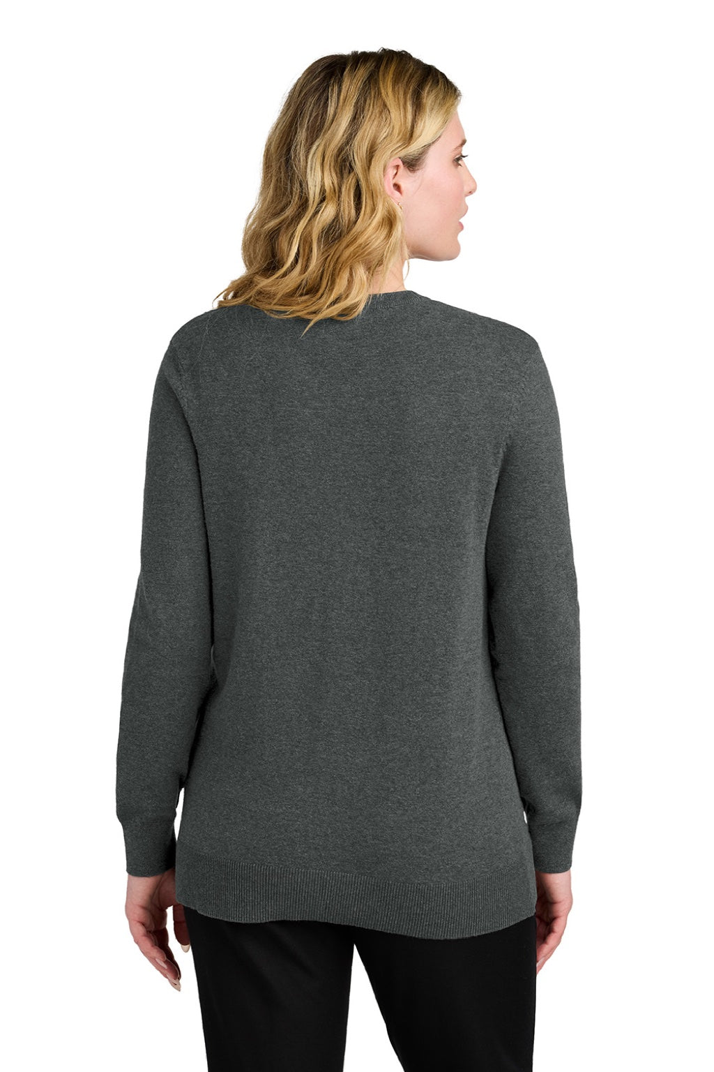 Port Authority LSW4150 Womens Easy Care Button Front Long Sleeve Cardigan Sweater w/ Pockets Heather Charcoal Grey Model Back