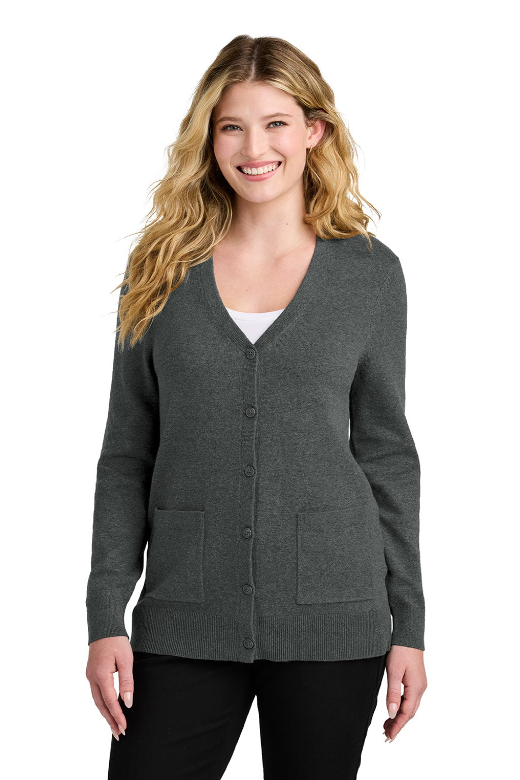 Port Authority LSW4150 Womens Easy Care Button Front Long Sleeve Cardigan Sweater w/ Pockets Heather Charcoal Grey Model Front