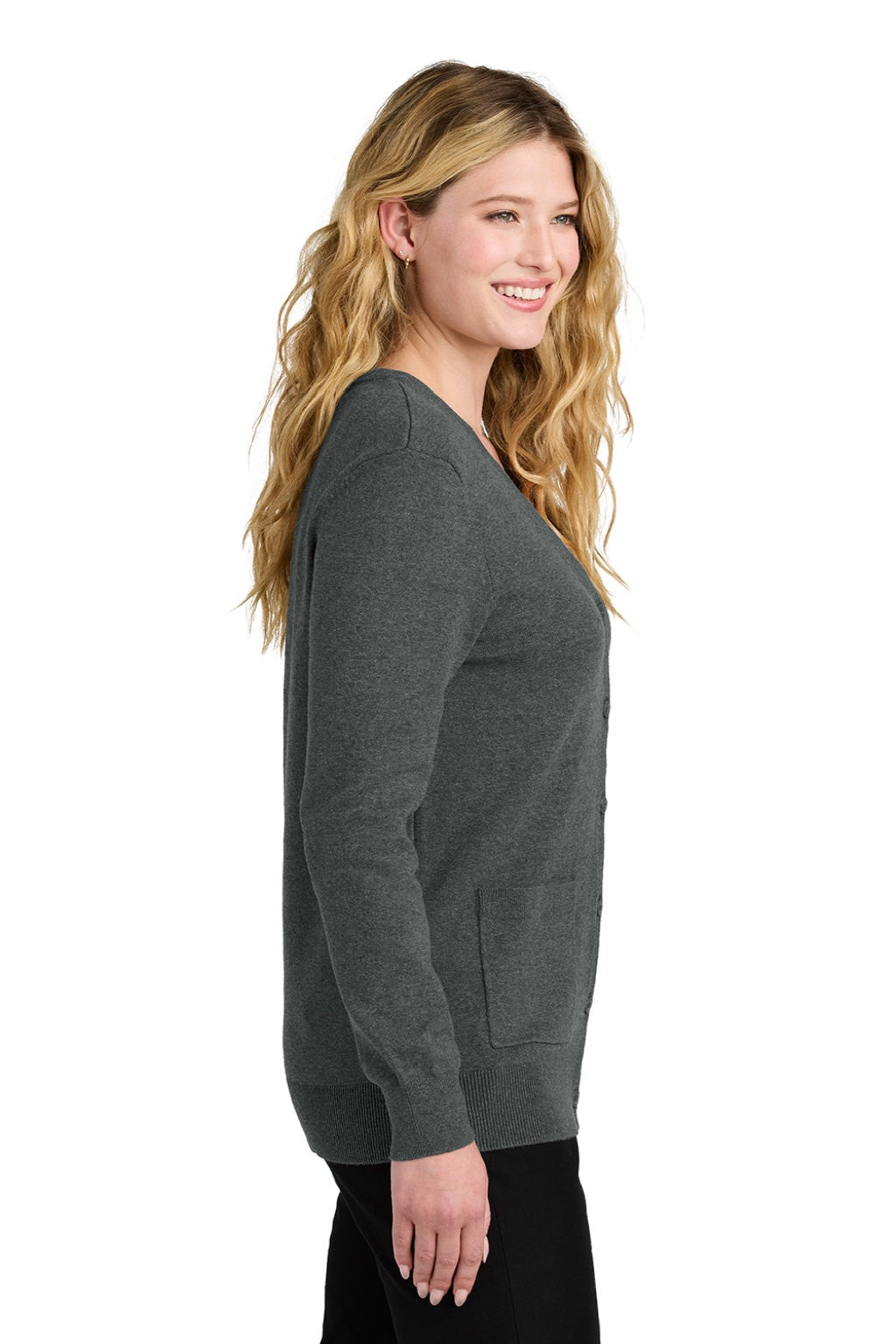 Port Authority LSW4150 Womens Easy Care Button Front Long Sleeve Cardigan Sweater w/ Pockets Heather Charcoal Grey Model Side