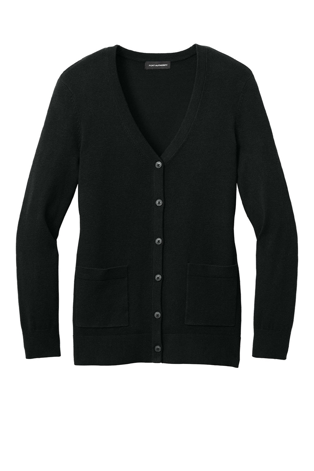 Port Authority LSW4150 Womens Easy Care Button Front Long Sleeve Cardigan Sweater w/ Pockets Deep Black Flat Front