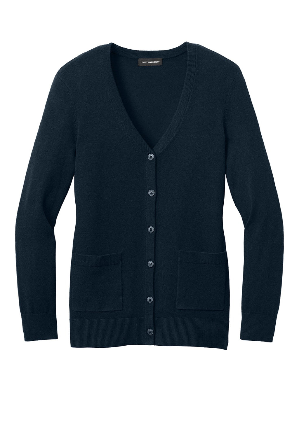 Port Authority LSW4150 Womens Easy Care Button Front Long Sleeve Cardigan Sweater w/ Pockets River Navy Blue Flat Front