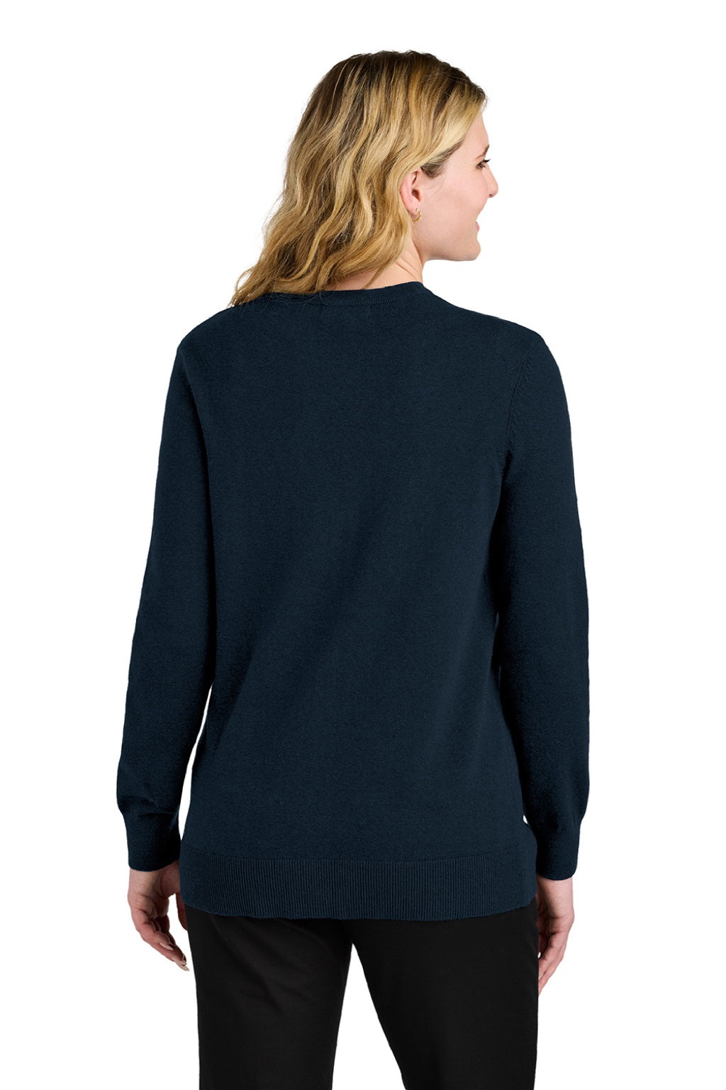 Port Authority LSW4150 Womens Easy Care Button Front Long Sleeve Cardigan Sweater w/ Pockets River Navy Blue Model Back