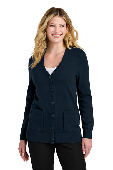 Port Authority LSW4150 Womens Easy Care Button Front Long Sleeve Cardigan Sweater w/ Pockets River Navy Blue Model Front