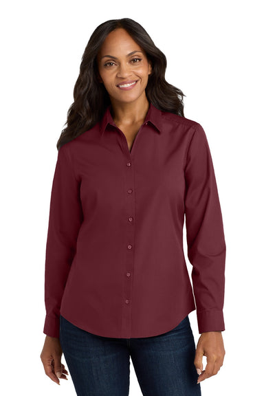 Port Authority LW100 Womens Carefree Stain Resistant Long Sleeve Button Down Shirt Burgundy Model Front