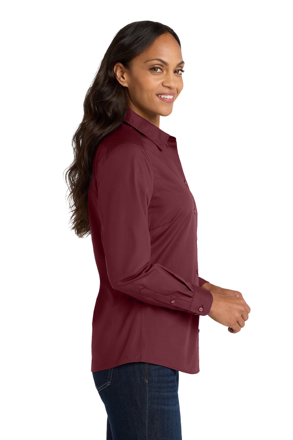 Port Authority LW100 Womens Carefree Stain Resistant Long Sleeve Button Down Shirt Burgundy Model Side