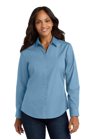 Port Authority LW100 Womens Carefree Stain Resistant Long Sleeve Button Down Shirt Carolina Blue Model Front