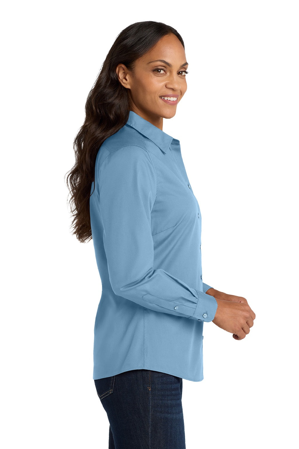 Port Authority LW100 Womens Carefree Stain Resistant Long Sleeve Button Down Shirt Carolina Blue Model Side