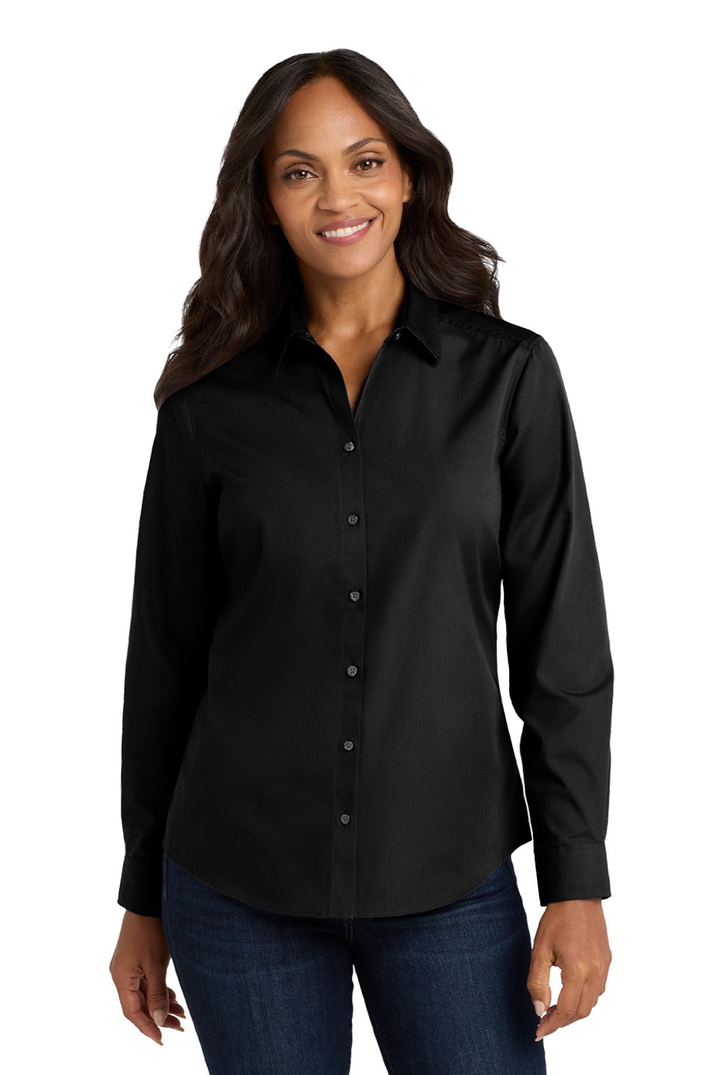 Port Authority LW100 Womens Carefree Stain Resistant Long Sleeve Button Down Shirt Deep Black Model Front