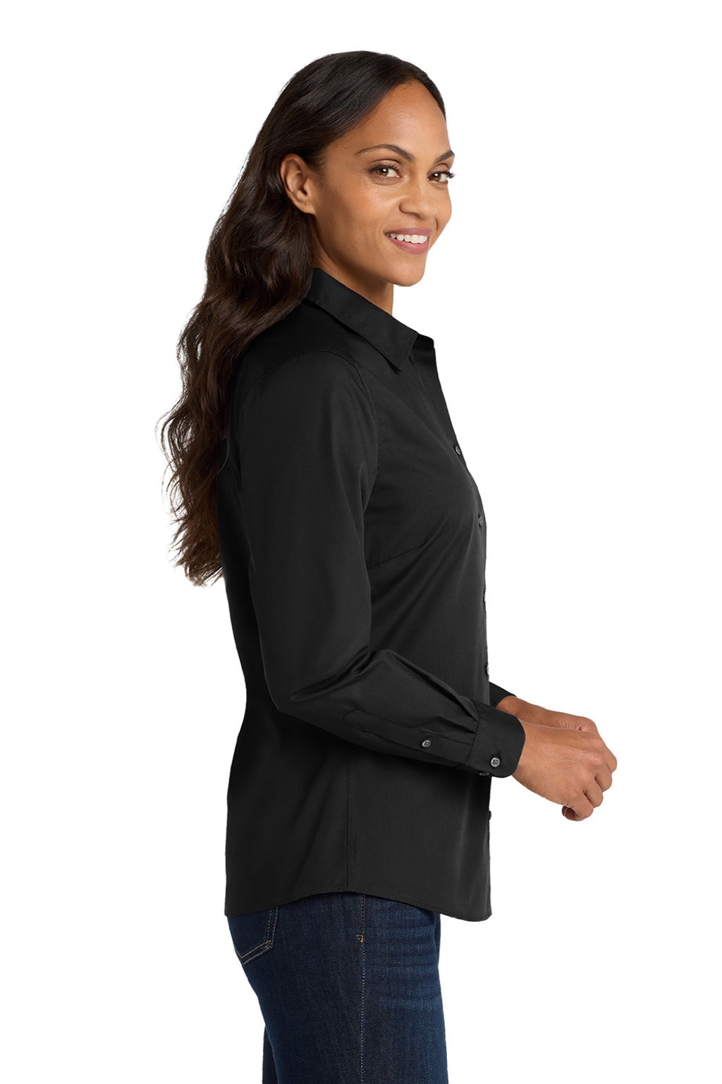 Port Authority LW100 Womens Carefree Stain Resistant Long Sleeve Button Down Shirt Deep Black Model Side