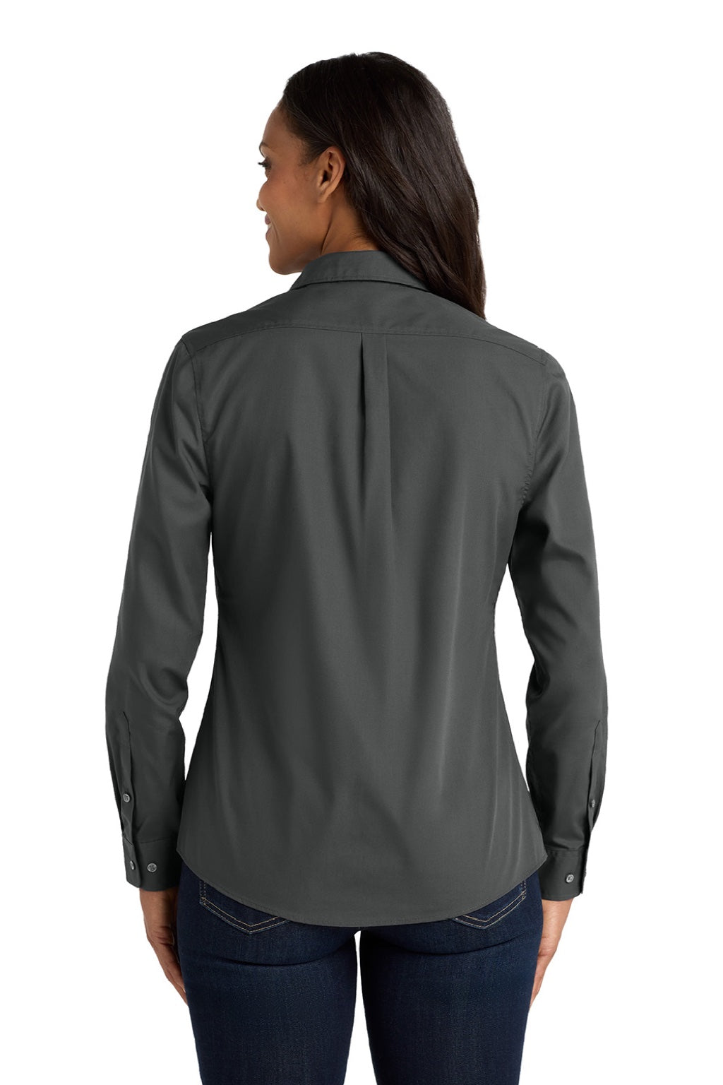 Port Authority LW100 Womens Carefree Stain Resistant Long Sleeve Button Down Shirt Graphite Grey Model Back