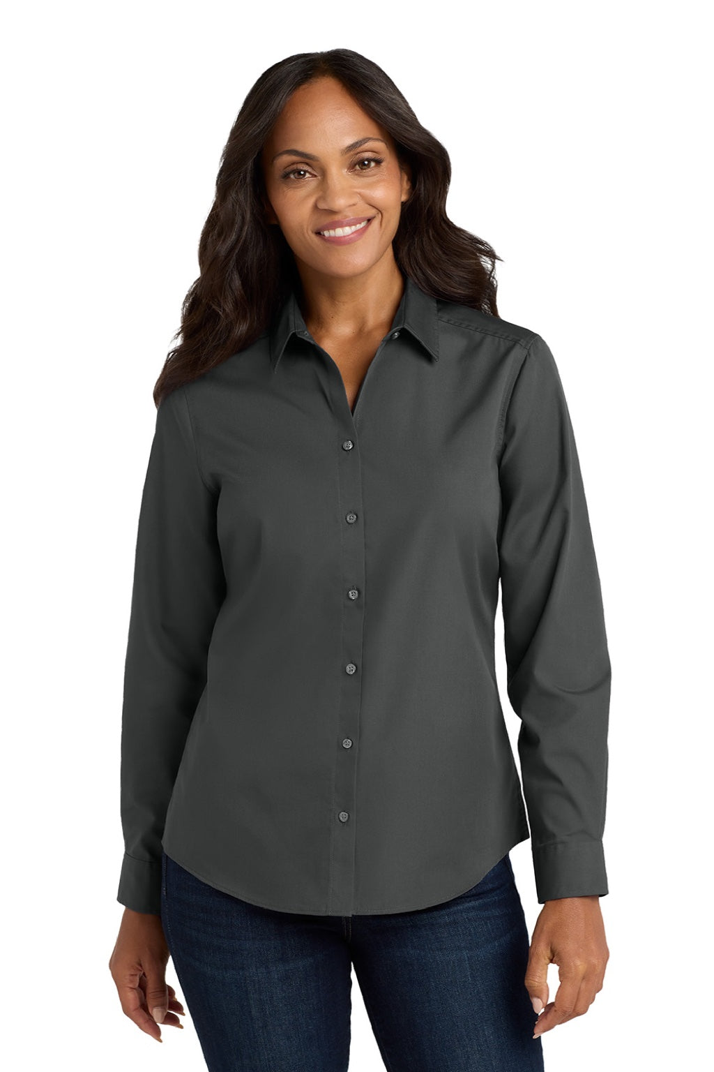 Port Authority LW100 Womens Carefree Stain Resistant Long Sleeve Button Down Shirt Graphite Grey Model Front