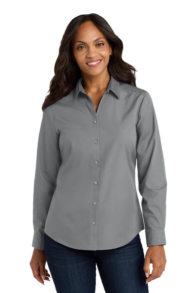 Port Authority LW100 Womens Carefree Stain Resistant Long Sleeve Button Down Shirt Gusty Grey Model Front