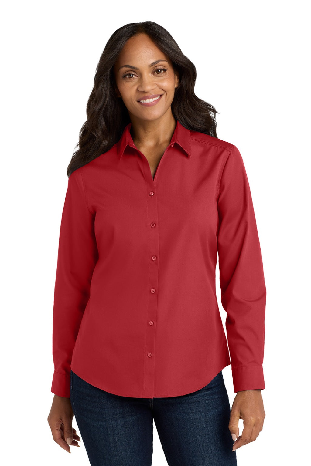 Port Authority LW100 Womens Carefree Stain Resistant Long Sleeve Button Down Shirt Rich Red Model Front