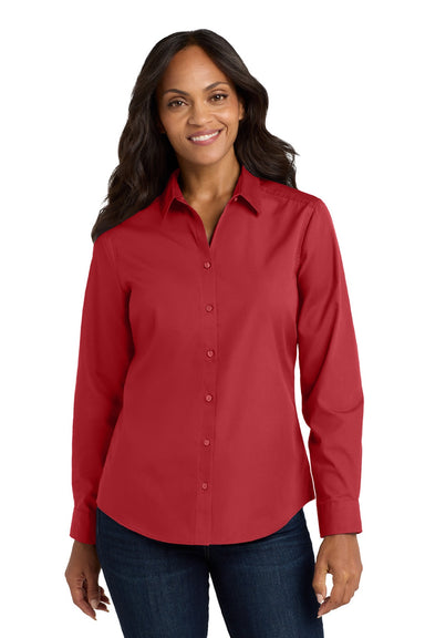 Port Authority LW100 Womens Carefree Stain Resistant Long Sleeve Button Down Shirt Rich Red Model Front