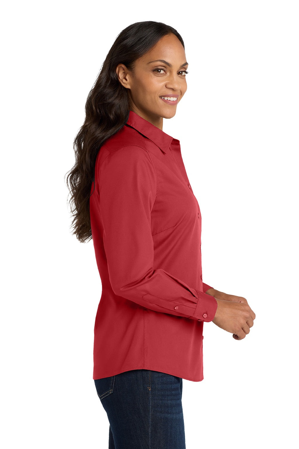 Port Authority LW100 Womens Carefree Stain Resistant Long Sleeve Button Down Shirt Rich Red Model Side