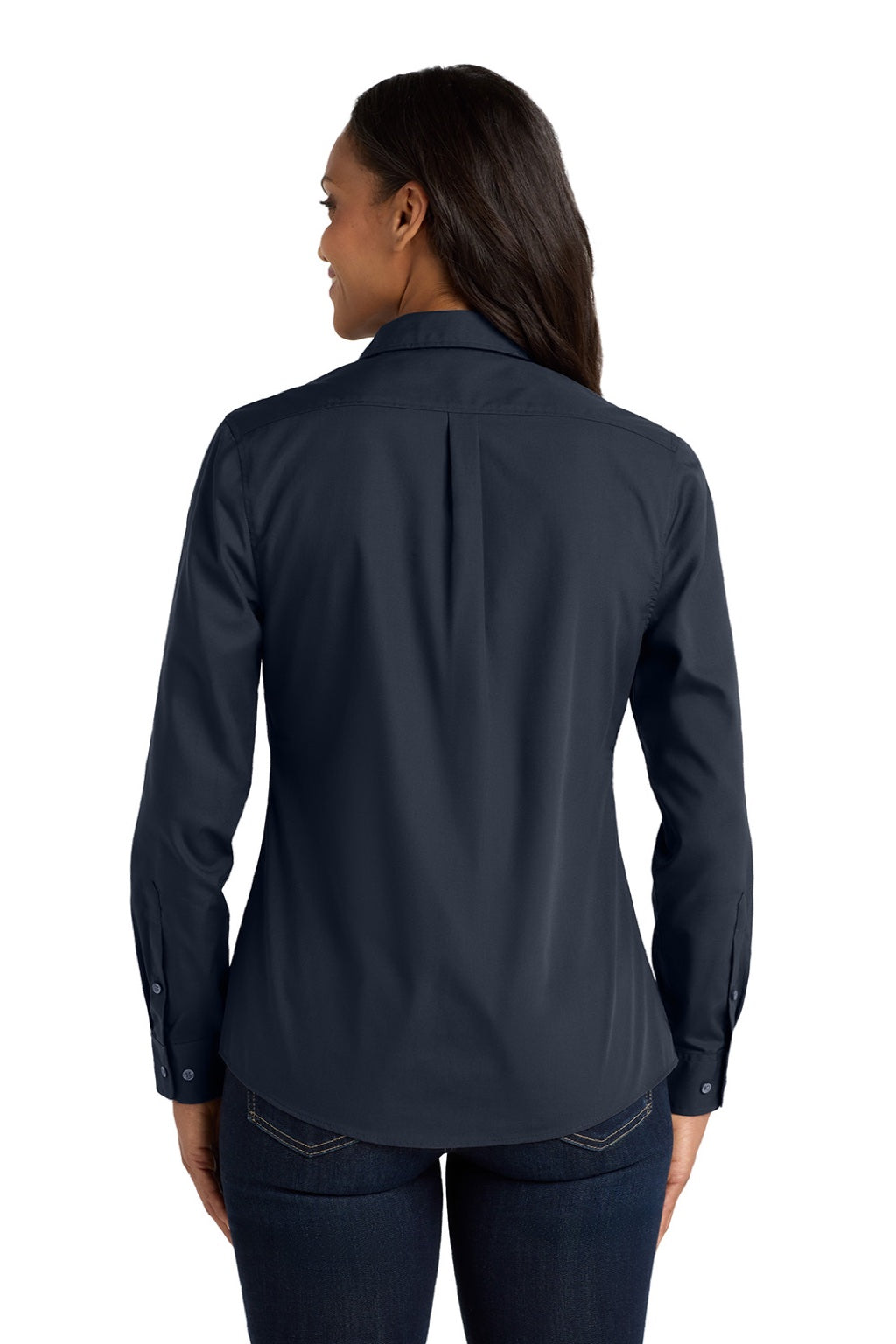 Port Authority LW100 Womens Carefree Stain Resistant Long Sleeve Button Down Shirt River Navy Blue Model Back
