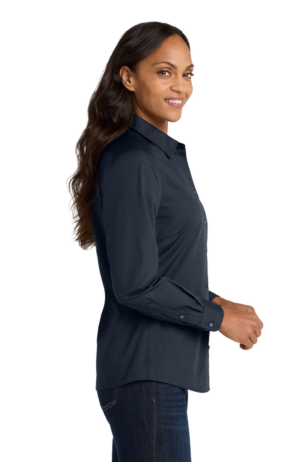Port Authority LW100 Womens Carefree Stain Resistant Long Sleeve Button Down Shirt River Navy Blue Model Side