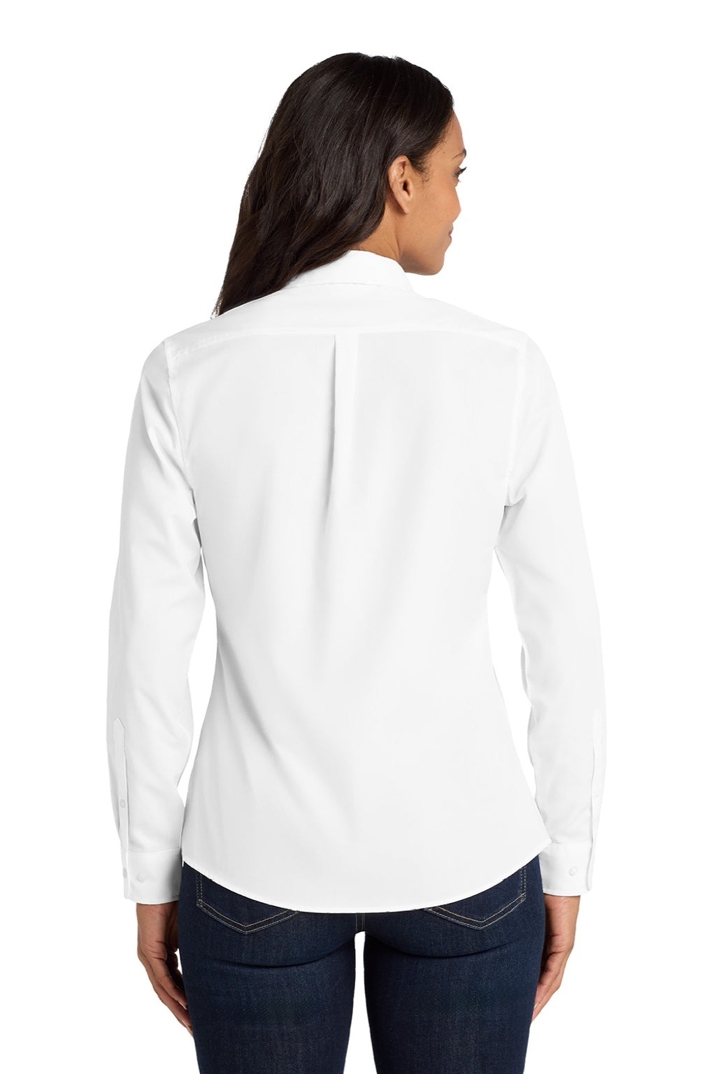 Port Authority LW100 Womens Carefree Stain Resistant Long Sleeve Button Down Shirt White Model Back