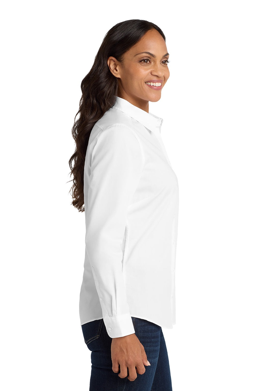 Port Authority LW100 Womens Carefree Stain Resistant Long Sleeve Button Down Shirt White Model Side
